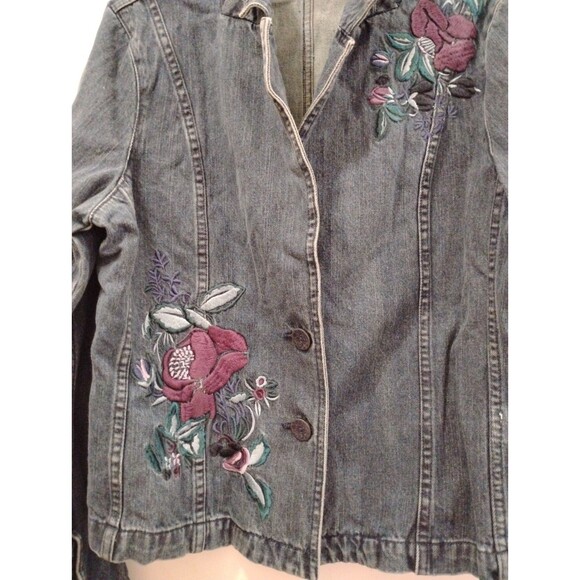 Christopher & Banks Jean Jacket Floral Embroidered SZ Lrg Bloomcore Boho Cotton - Picture 3 of 11